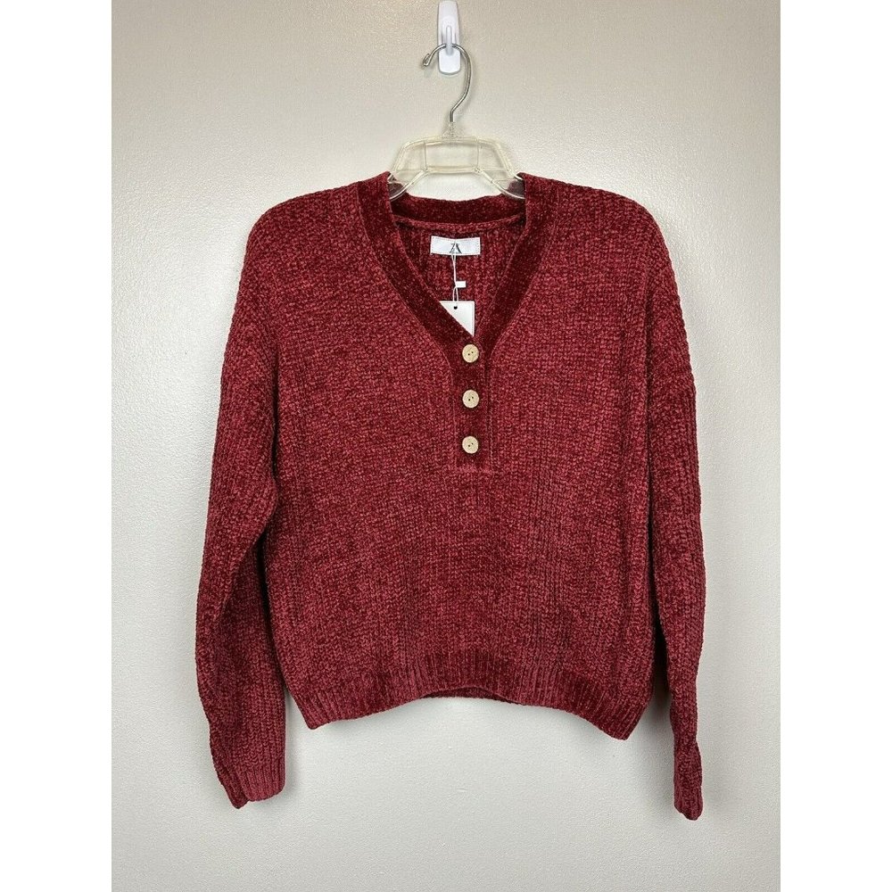 Sweaters for Women V Neck Long Sleeve Pullover Knit Top With 3 Buttons Red